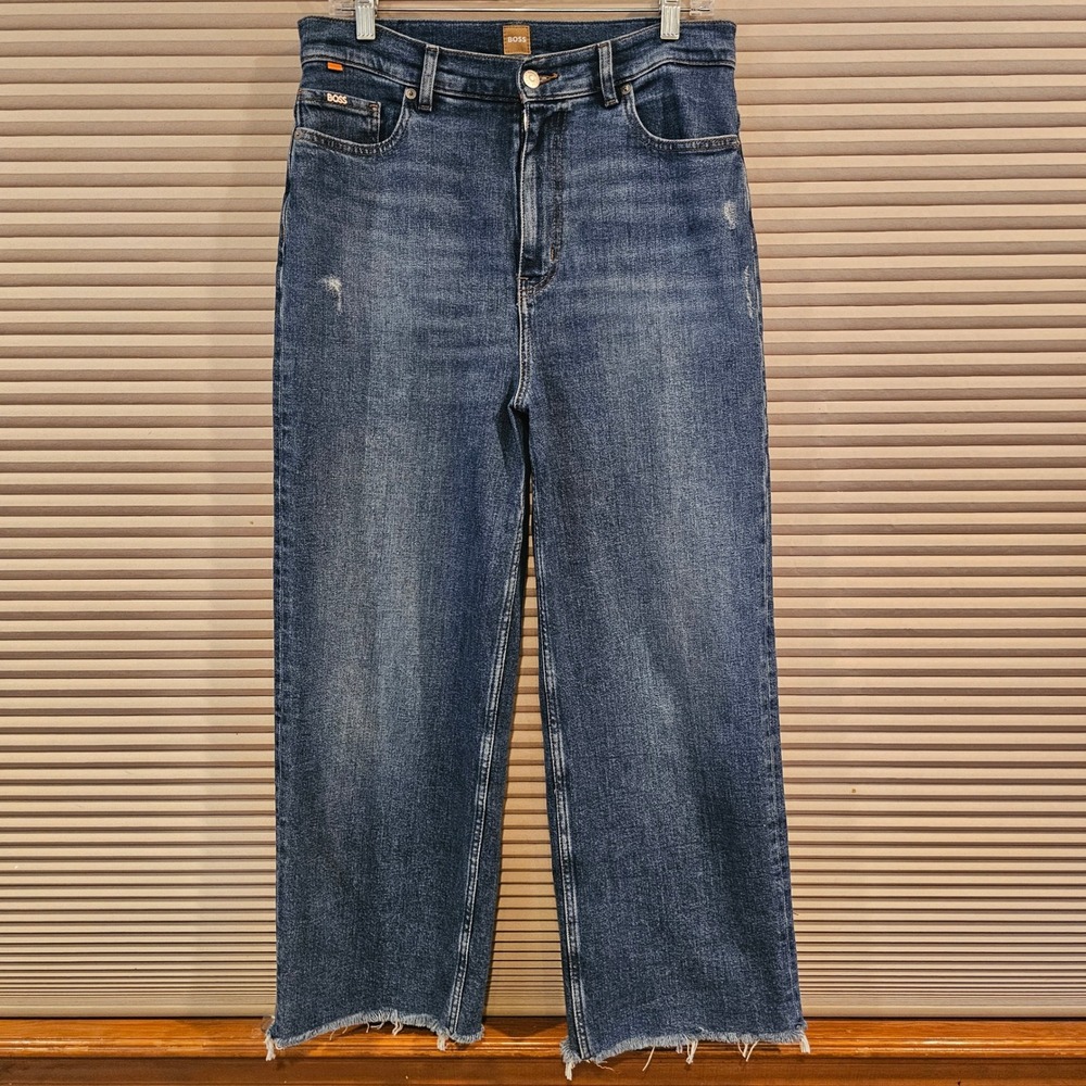BOSS Hugo Boss The Marlene Wide Crop Jeans High Rise Raw Hem Blue Denim Size 30